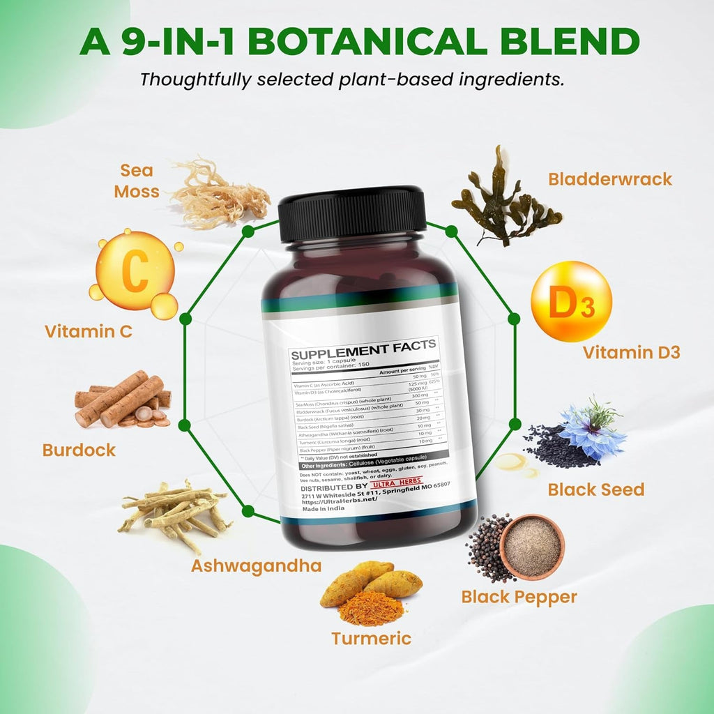 Organic Sea Moss Capsules with Black Seed Oil, Ashwagandha, Burdock Root, Bladderwrack for Immune System, Gut, Skin & Energy (150 Count (Pack of 1))