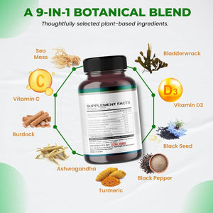 Organic Sea Moss Capsules with Black Seed Oil, Ashwagandha, Burdock Root, Bladderwrack for Immune System, Gut, Skin & Energy (150 Count (Pack of 1))