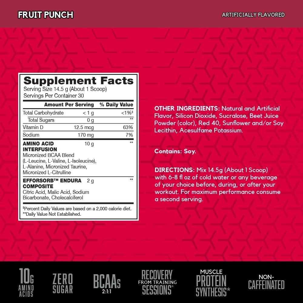 BSN Amino X Muscle Recovery & Endurance Powder, Bcaas, 10 Grams of Amino Acids, Keto Friendly, Caffeine-Free, Support Endurance, Zero Sugar, Fruit Punch, 30 Servings, 15.34 Ounce (Packaging May Vary)