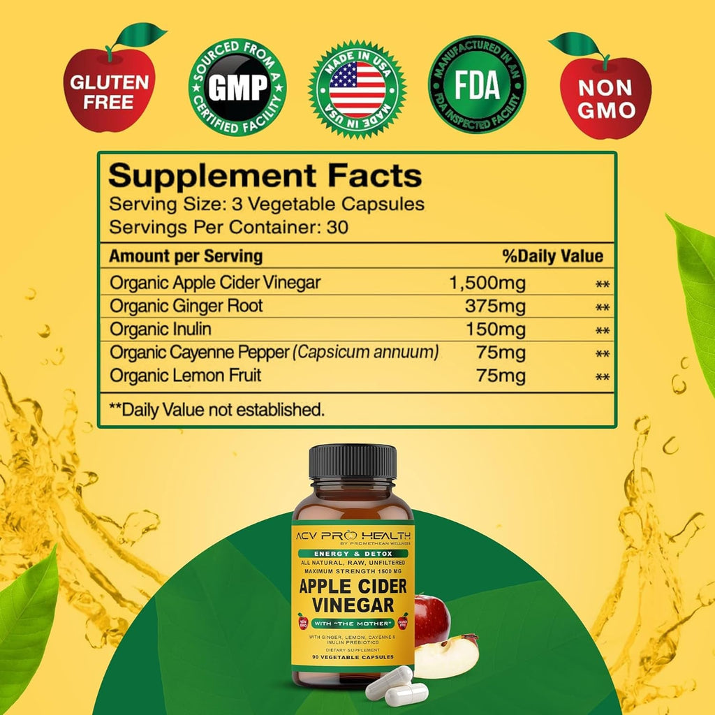 Promethean Wellness ACV Pro Apple Cider Vinegar Capsules Certified Organic with Mother ACV Pills Detox Cleanse Acid Reflux Relief Support Supplement Ginger Root Cayenne Pepper Powder (90 Count)