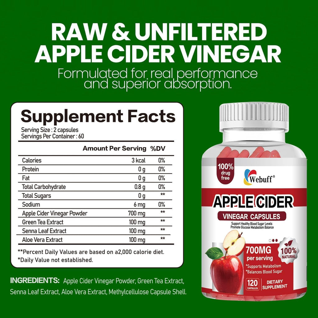 Apple Cider Vinegar Capsules 700Mg - 120 Count | Extra Strength ACV with the Mother | Supports Weight Management, Digestion, Metabolism & Immune | Vegan, Non-Gmo, Gluten-Free| Pack of 2