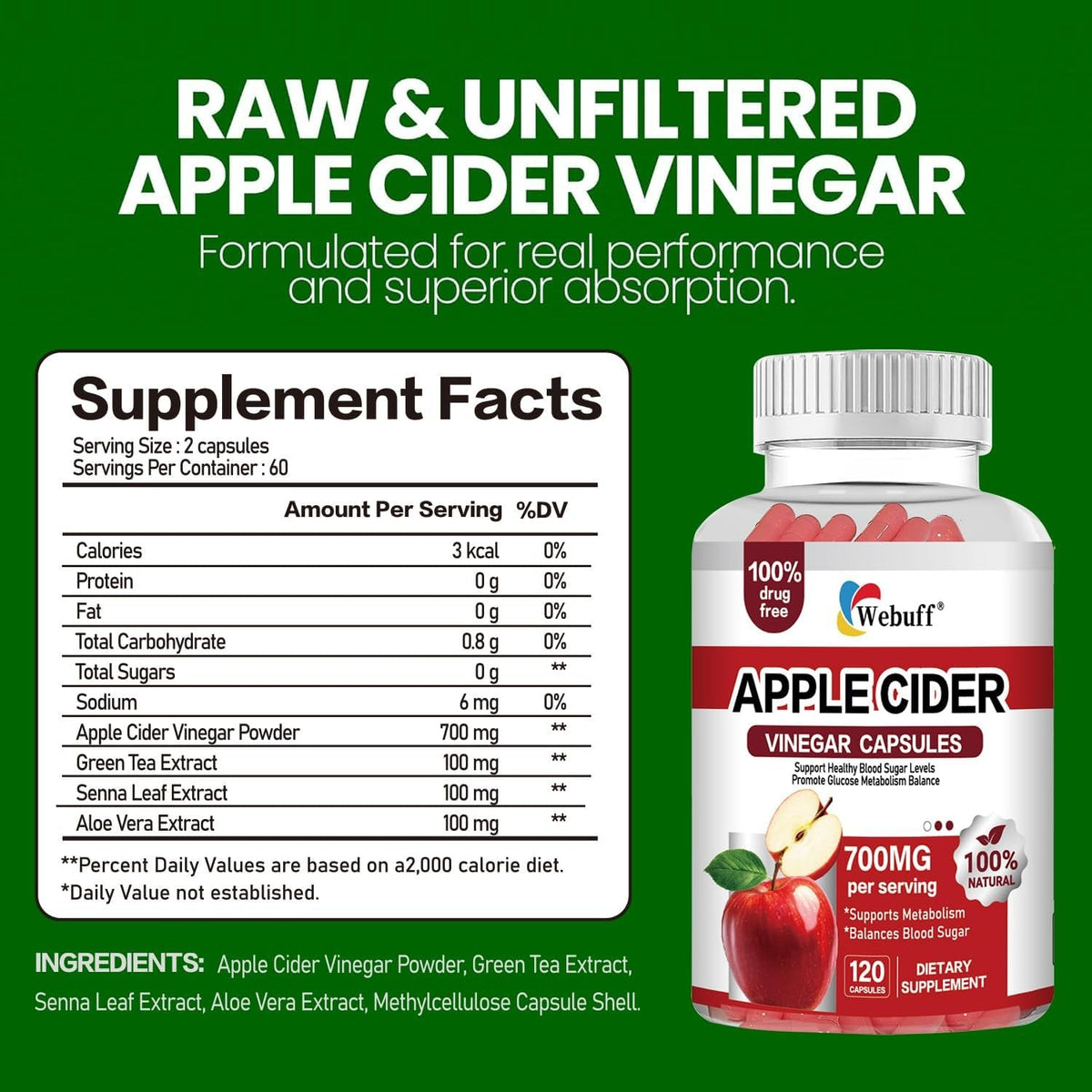 Apple Cider Vinegar Capsules 700Mg - 120 Count | Extra Strength ACV with the Mother | Supports Weight Management, Digestion, Metabolism & Immune | Vegan, Non-Gmo, Gluten-Free| Pack of 2