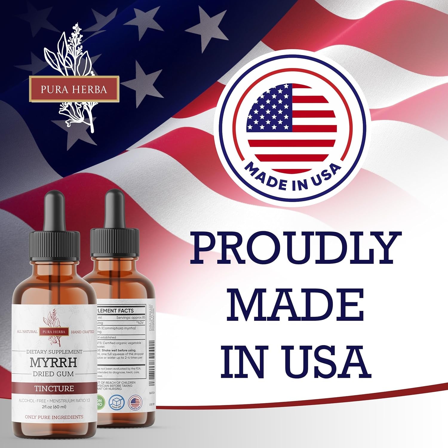 Pura Herba Organic Myrrh Liquid Extract - Alcohol-Free Tincture Drops | Non-Gmo, Vegan, Gluten-Free Herbal Supplement | 2 Fl Oz | Made in USA