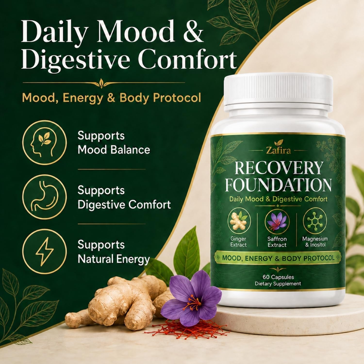 Zafira Recovery Foundation Capsules, Mood & Digestive Support with Saffron, Ginger, Non-Gmo, Gluten-Free, 60 Capsules (1 Pc)
