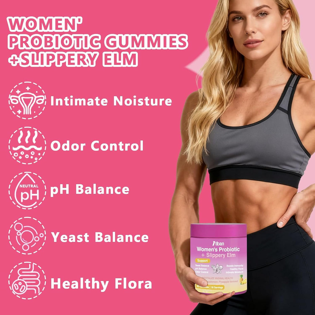 Feminine Vaginal Probiotics Gummies, Supports Ph Balance & Digestive Health, Slippery Elm for Women, Suagr-Free, Veagn, Pineapple Flavor, 60 Count