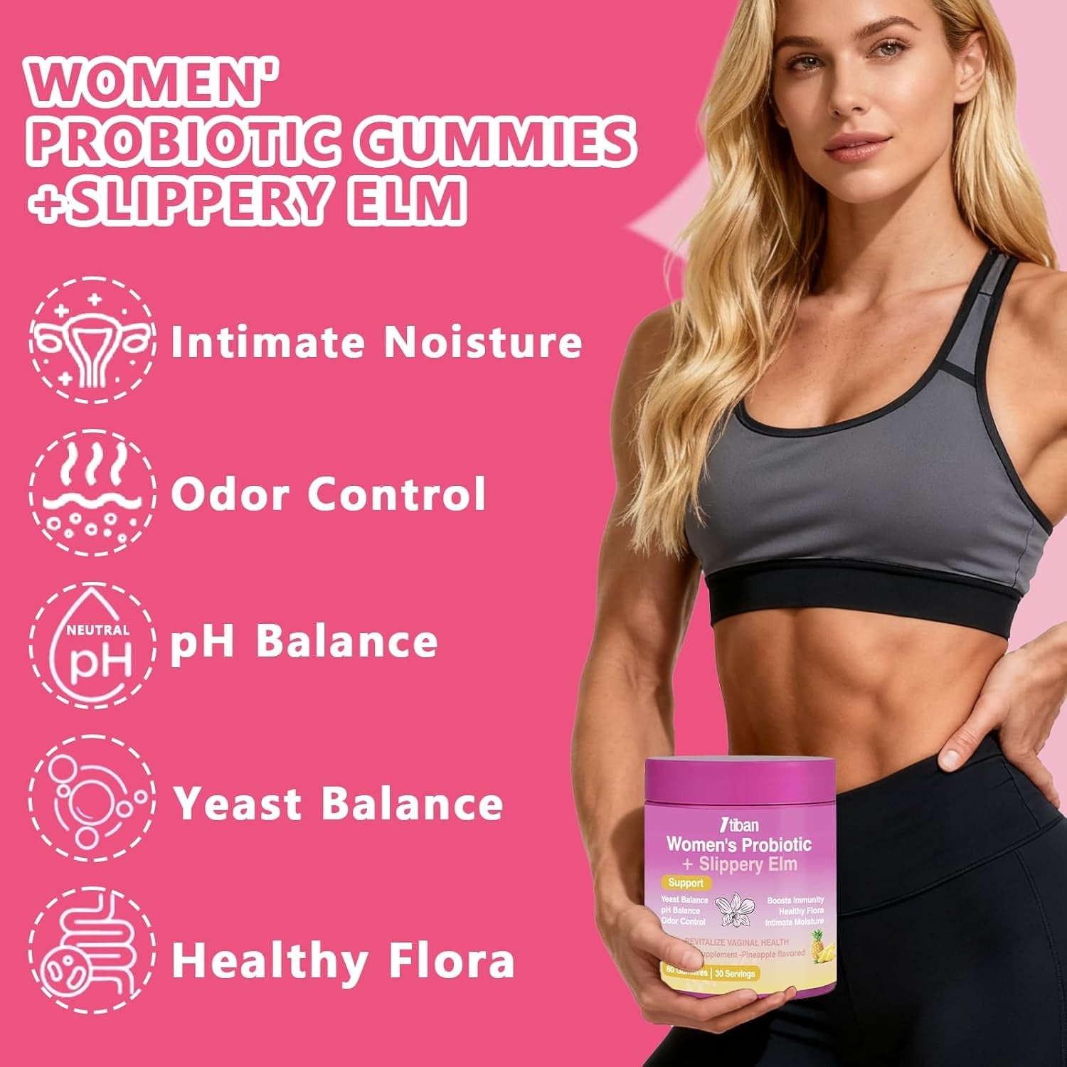 Feminine Vaginal Probiotics Gummies, Supports Ph Balance & Digestive Health, Slippery Elm for Women, Suagr-Free, Veagn, Pineapple Flavor, 60 Count