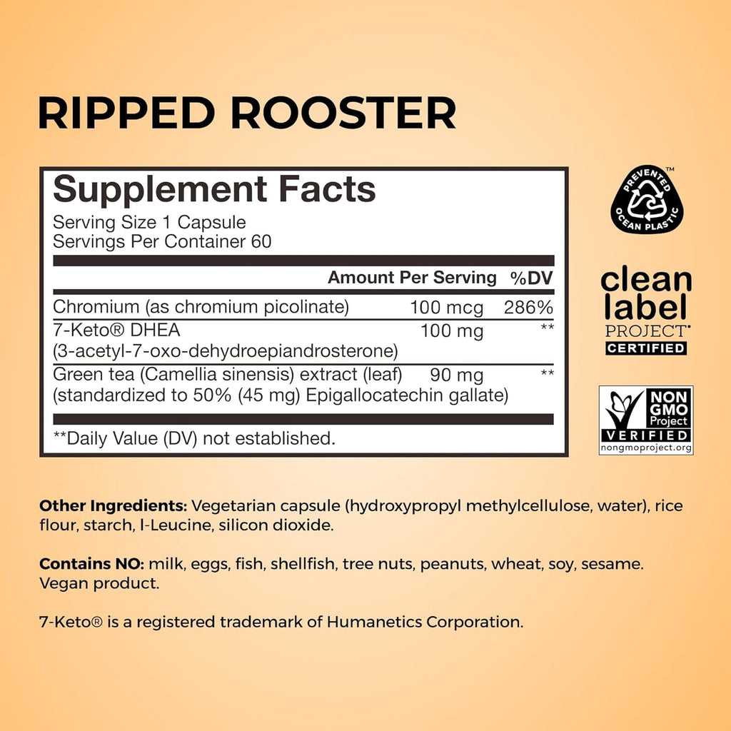 HUM Ripped Rooster Natural Green Tea Extract Capsules with Chromium, 7 Keto DHEA, Gluten Free Vegan Green Tea Supplement to Support Cravings, Healthy Diet & Management, 60 Count