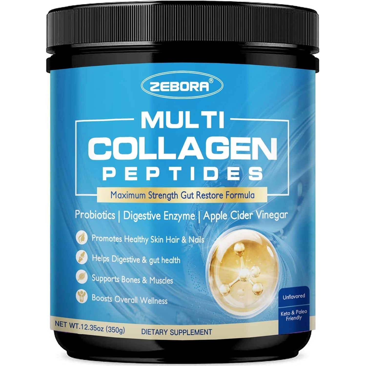 ZEBORA Multi Collagen Peptides Powder with Probiotic for Gut Health, Hydrolyzed Collagen with Digestive Enzymes, Prebiotics for Women, Support Digestive Health, Skin, Hair, Joints, Non-Gmo,35 Servings