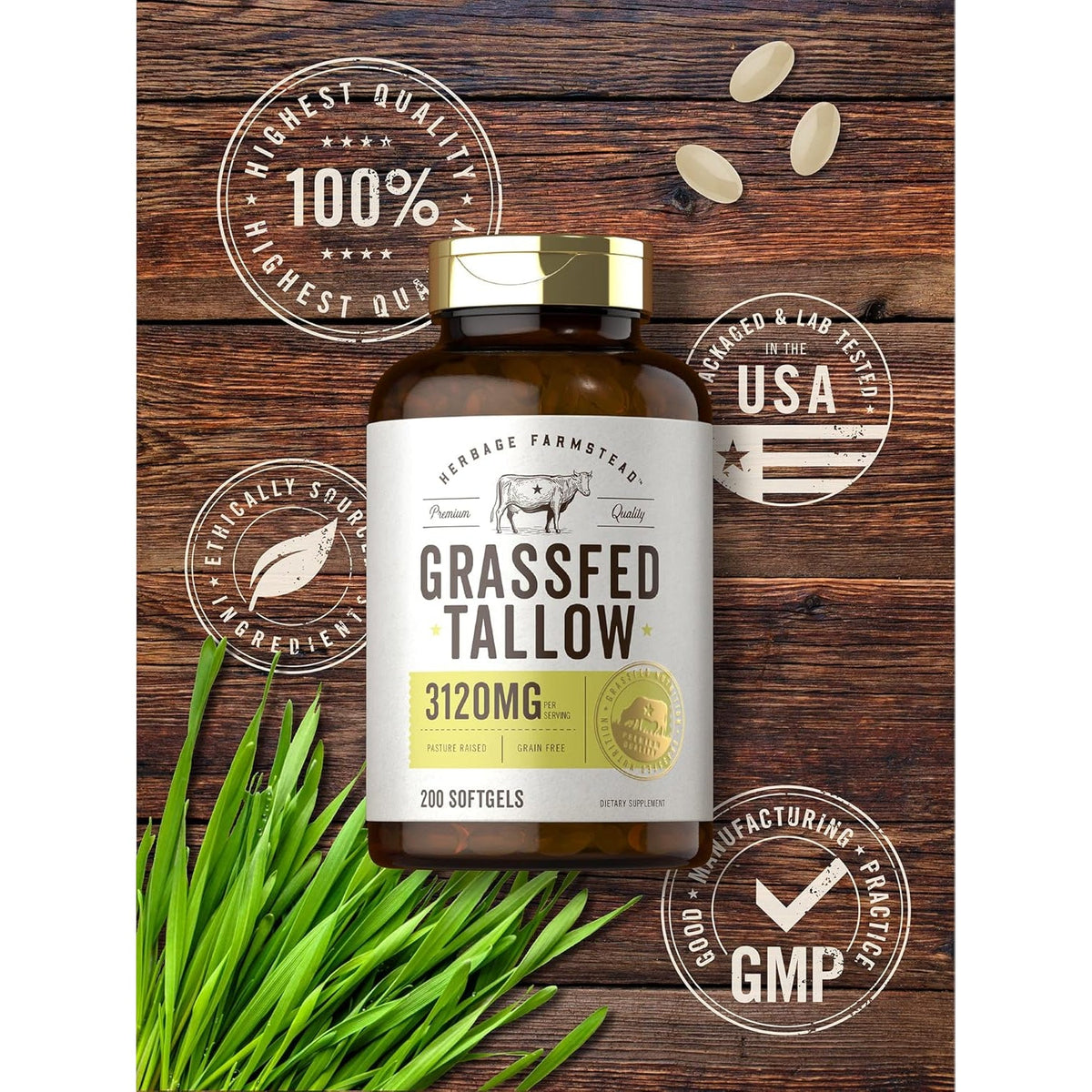 Carlyle Grass Fed Beef Tallow 3120Mg | 200 Softgel Capsules | Pasture Raised Bovine Supplement | Non-Gmo, Gluten Free | by Herbage Farmstead