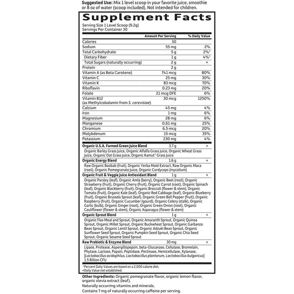 Garden of Life Raw Organic Perfect Food Energizer Juiced Green Superfood Powder - Yerba Mate Pomegranate, 30 Servings, Green Superfood Powder & Probiotics, Gluten Free Whole Food Greens Supplements