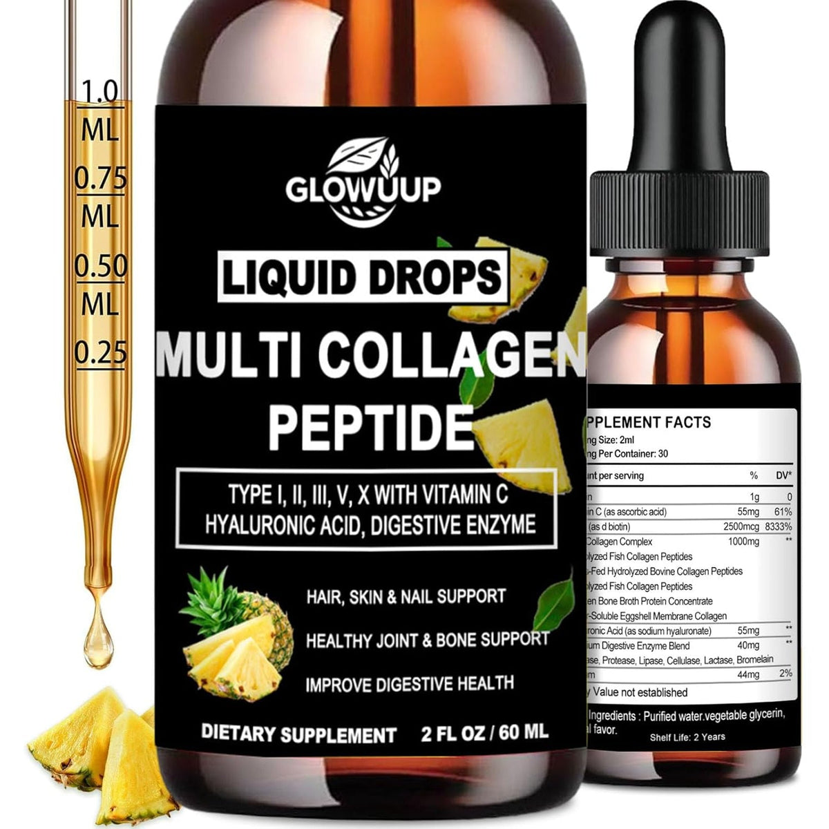 Multi Collagen Peptides Liquid Drops for Women & Men-Type I, II, III, V, X丨Hydrolyzed Collagen Peptides, Collagen Proteins W. Hyaluronic Acid, Biotin & Vitamin C for Hair Skin & Joint Gut Health