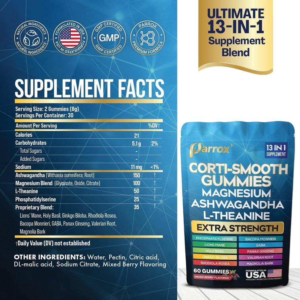Corti-Smooth Cortisol Support Gummies with Magnesium, L-Theanine, Ashwagandha, Phosphatidylserine, Bacopa Monnieri, Lions Mane, Ginkgo Biloba, Valerian Root (60 Gummies - Mixed Berry Flavor)