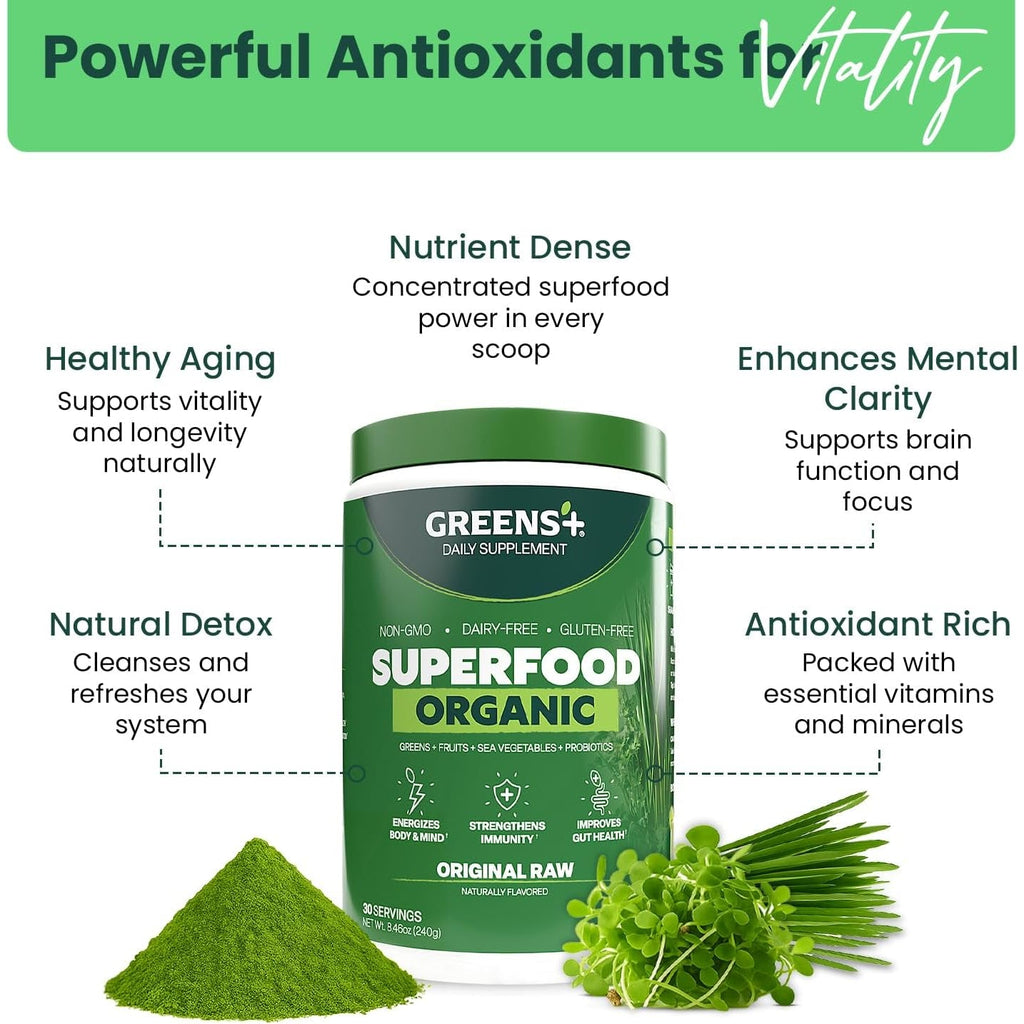 Greens+ Organic RAW Superfood Powder, Super Blend Immune Support, Morning Kick, Energy Boost, Nutrition Vibrant Health, Dietary Supplement, Vegan Soy/Dairy/Gluten Free(8.46Oz)