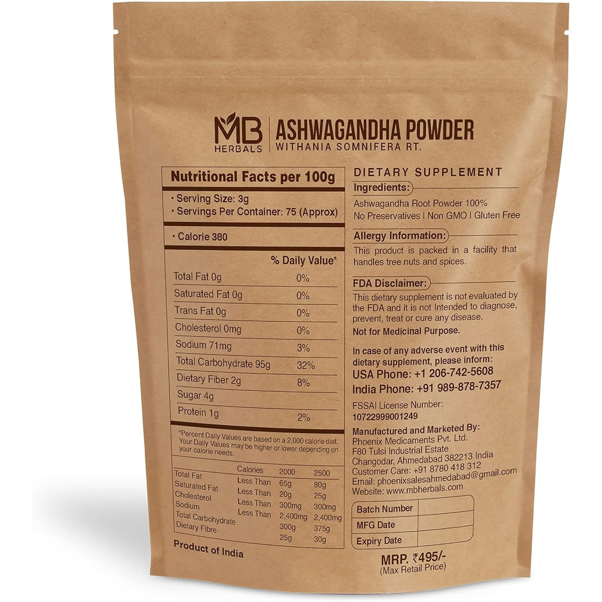 MB Herbals Ashwagandha Powder 8Oz (0.5Lb) | Lab Tested | Indian Ginseng | Withania Somnifera Root Powder
