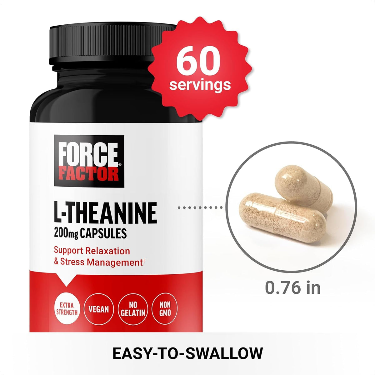 Force Factor L Theanine 200Mg, Extra Strength L-Theanine Supplement for Stress Relief, and Supporting Calm and Relaxation, Vegan, Non-Gmo, No Gelatin, 60 Vegetable Capsules
