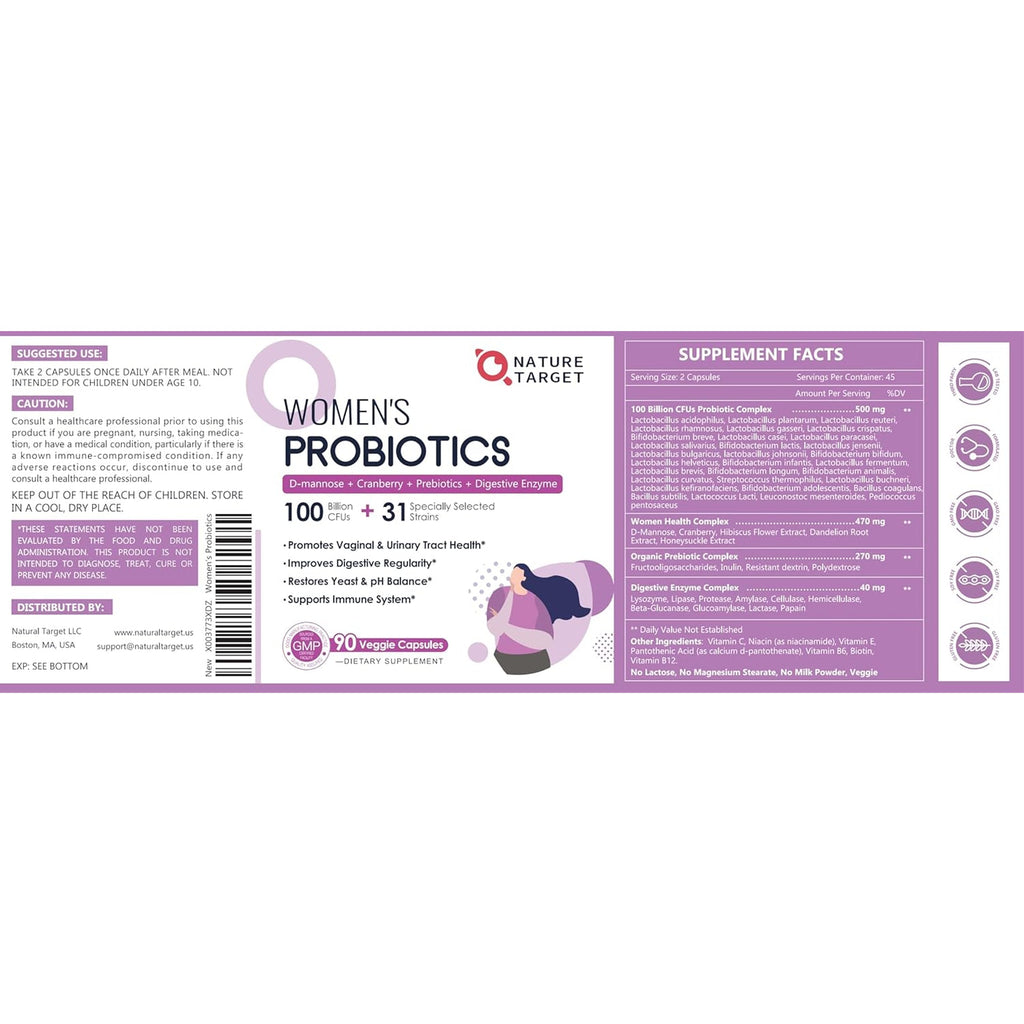 NATURE TARGET Probiotics for Women, 100 Billion Cfus Probiotic with Digestive Enzymes & Prebiotics, Vaginal Probiotics with Cranberry for Urinary Tract Health, Ph Balance, 90 Veggie Capsules