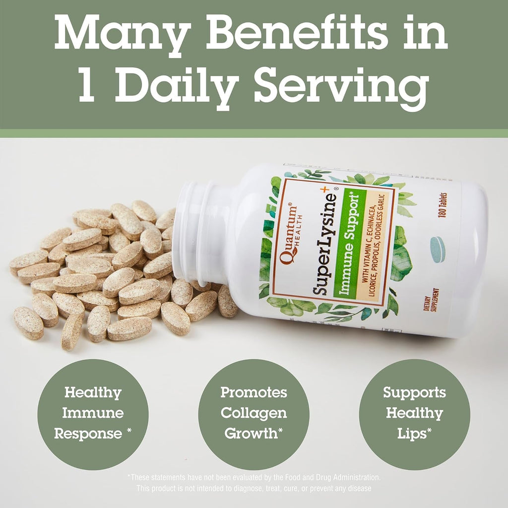 Quantum Health Super Lysine+ / Advanced Formula Lysine+ Immune Support with Vitamin C, Echinacea, Licorice, Propolis, Odorless Garlic (180 Tablets), Packaging May Vary
