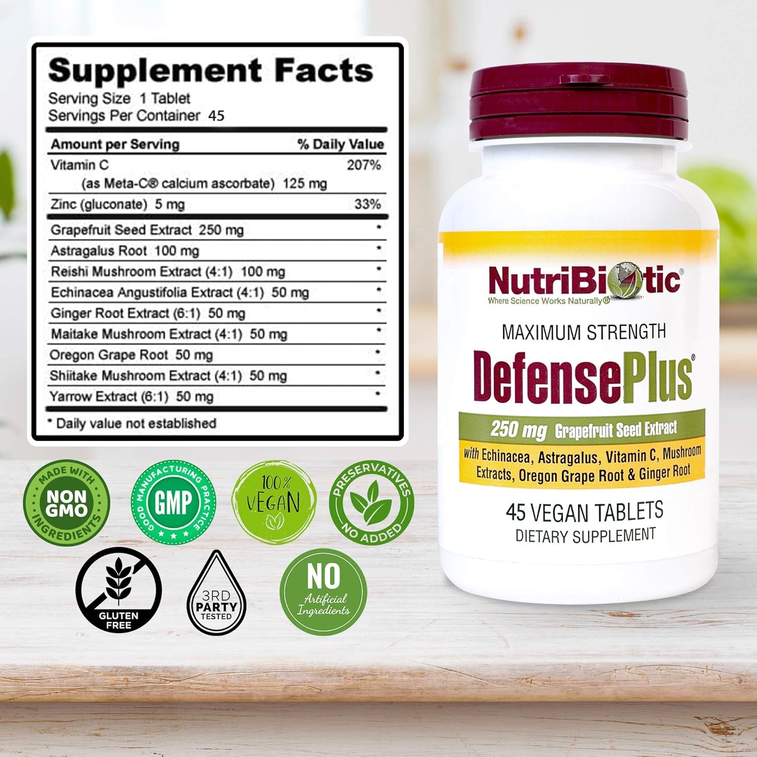 Nutribiotic – Defenseplus, 45 Tablets | 11 in 1 Immune Support with Vitamin C, Zinc, Grapefruit Seed Extract, Echinacea, Astragalus Root & Immune Boosting Extracts & Mushrooms | Vegan & Gluten Free