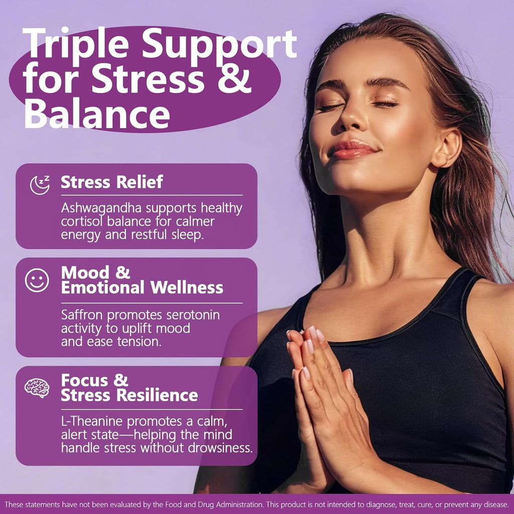 Saffron Supplements with Ashwagandha & L-Theanine - 368.5MG - Mood Balance, Stress Relief & Mental Clarity – Cortisol Support for Women & Men, Made in USA, 90 Vegan Capsules