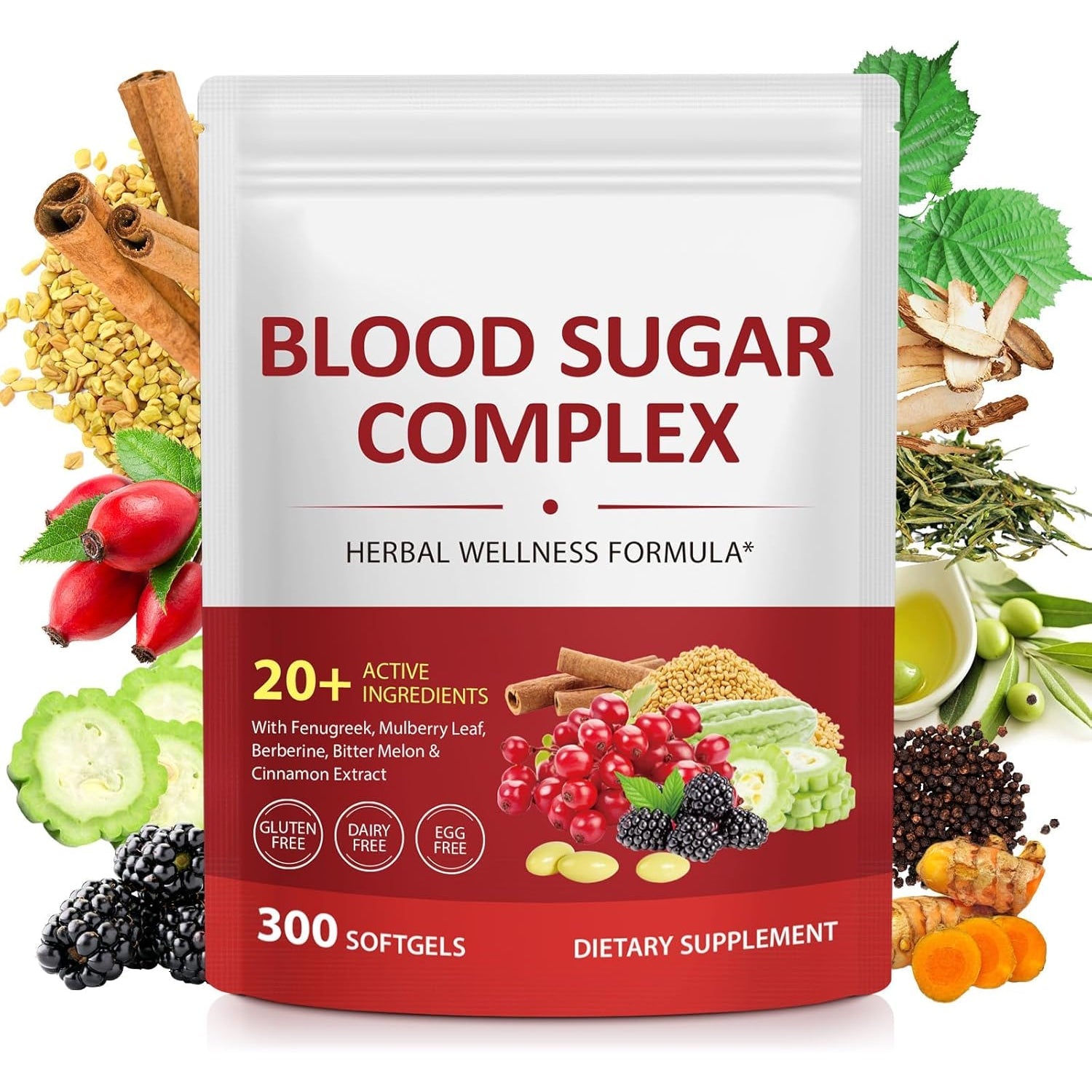 300 Softgels Blood Sugar Complex Supplement | 20+ Active Herbs-Berberine, Ceylon Cinnamon, Bitter Melon, Mulberry Leaf, Fenugreek, Vitamins for Energy Level, Vitality Support | Clean Formula