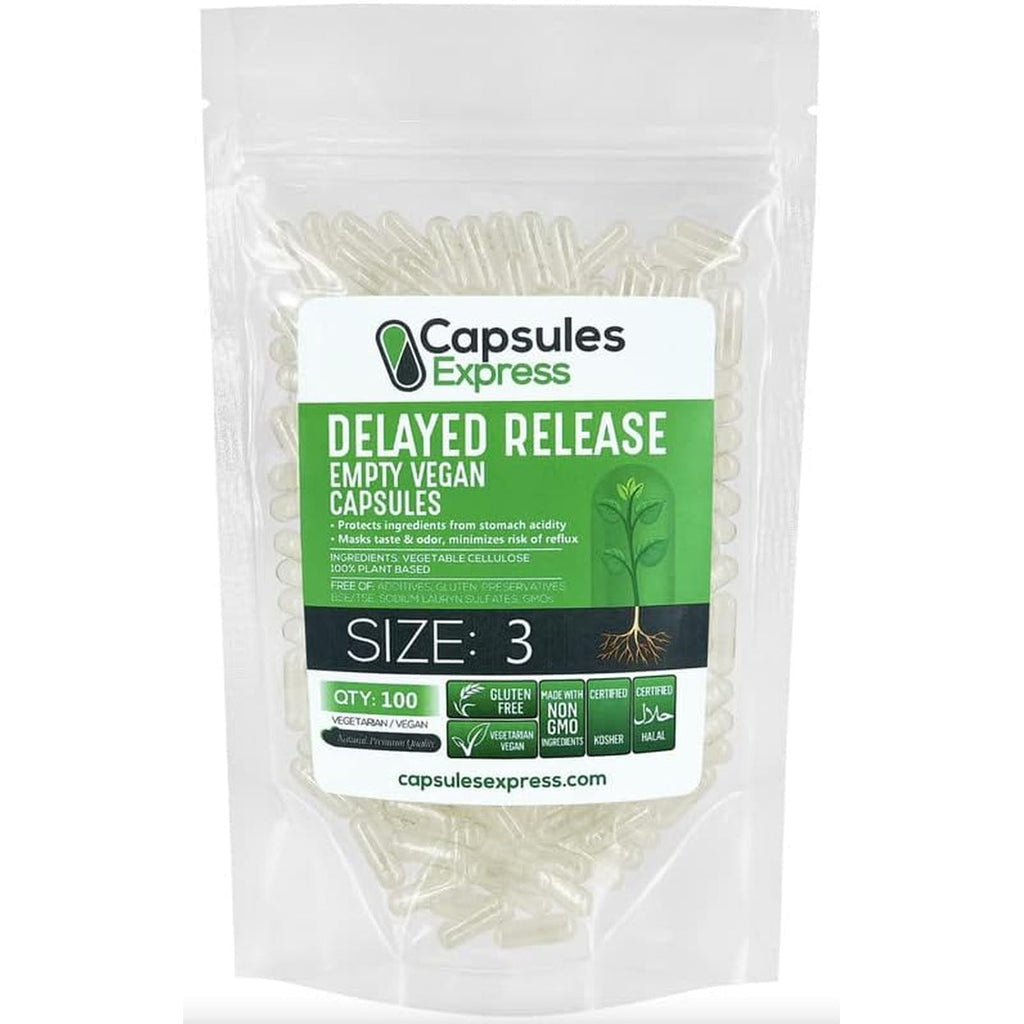 XPRS Nutra Delayed Release Size 3 Empty Capsules - 100 Count Clear Empty Vegan Capsules - Vegetarian Pills DIY Vegetable Capsule Filling - Veggie Gel Caps for Do-It-Yourself Supplements