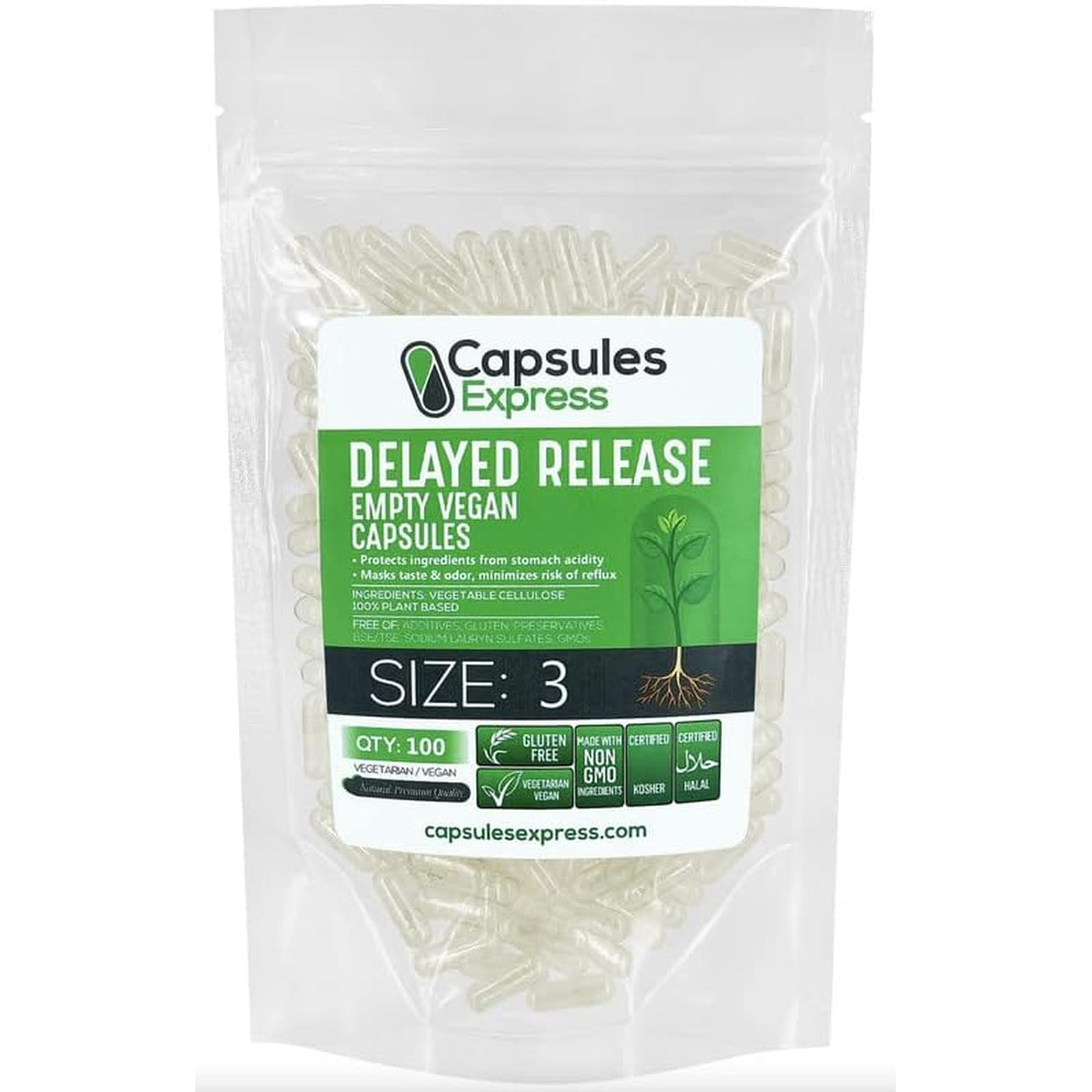 XPRS Nutra Delayed Release Size 3 Empty Capsules - 100 Count Clear Empty Vegan Capsules - Vegetarian Pills DIY Vegetable Capsule Filling - Veggie Gel Caps for Do-It-Yourself Supplements