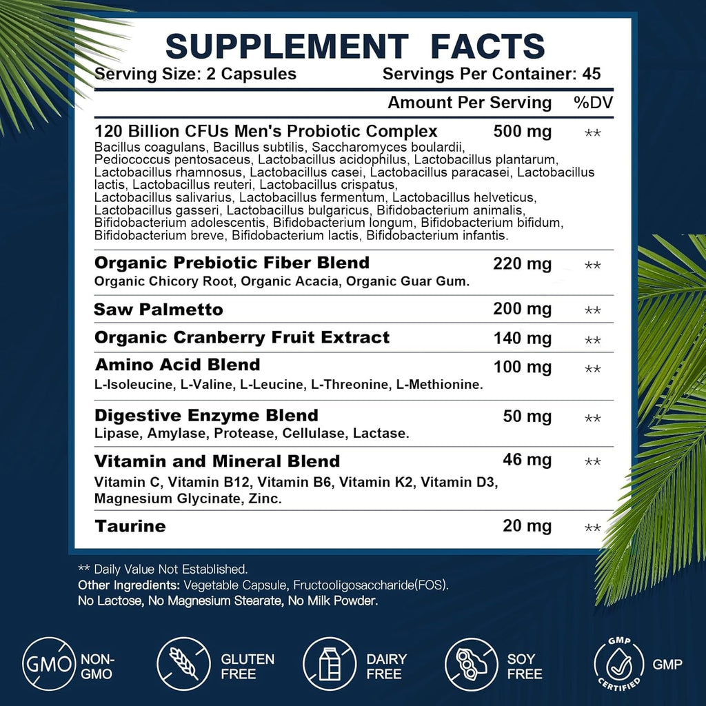 Probiotics for Men Digestive Health, 120 Billion Cfus Mens Probiotic with Digestive Enzymes & Prebiotics & Saw Palmetto & Cranberry for Gut, Prostate & Urinary Tract Health, Shelf Stable, 90 Capsules