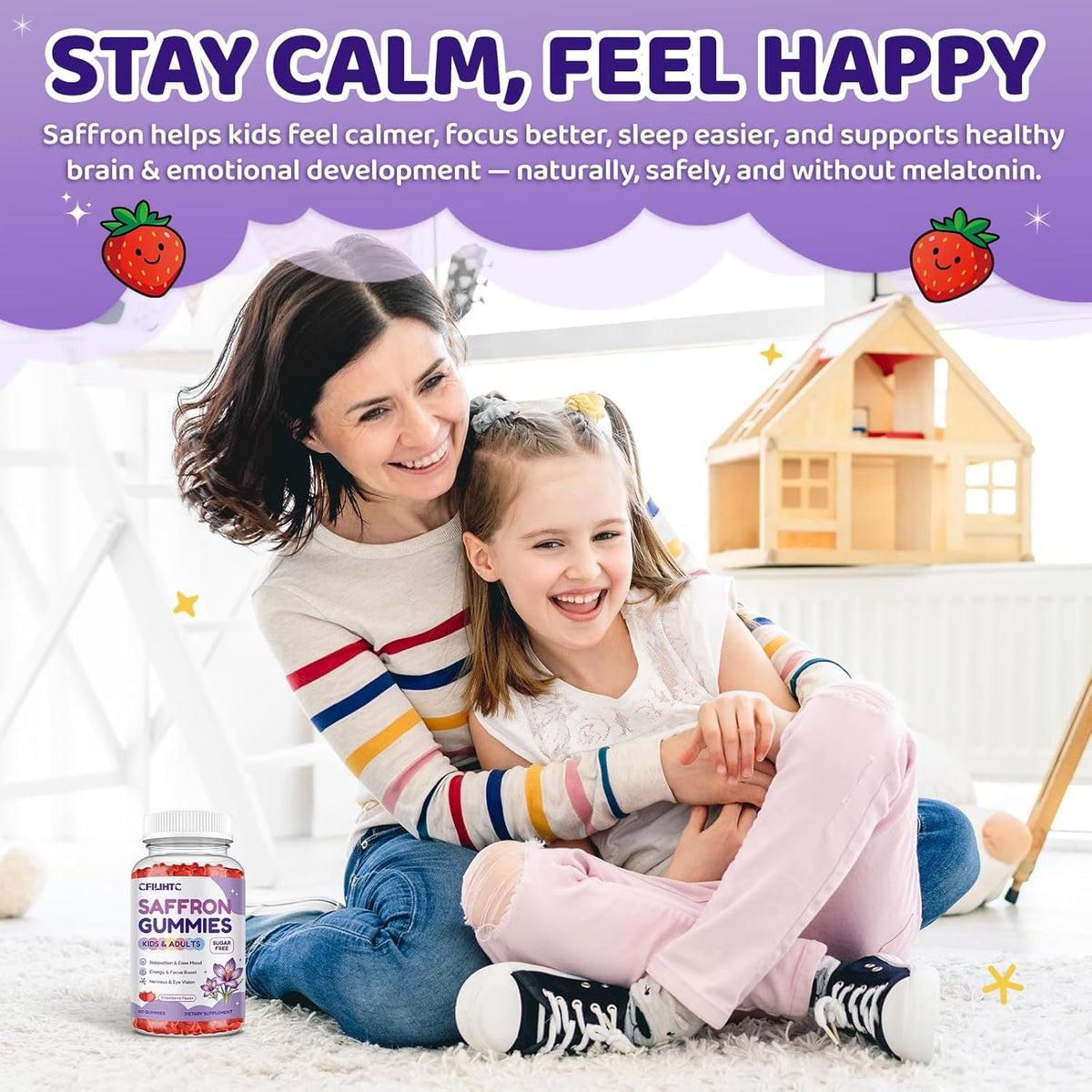 Saffron Gummies for Kids & Adults, 20-In-1 Saffron Supplements with 88.5Mg Saffron Extract, B6, B12, C, D3, Magnesium for Calm, Focus, Nerve, Sugar Free, Vegan, Non-Gmo - Strawberry Flavor, 60 Counts