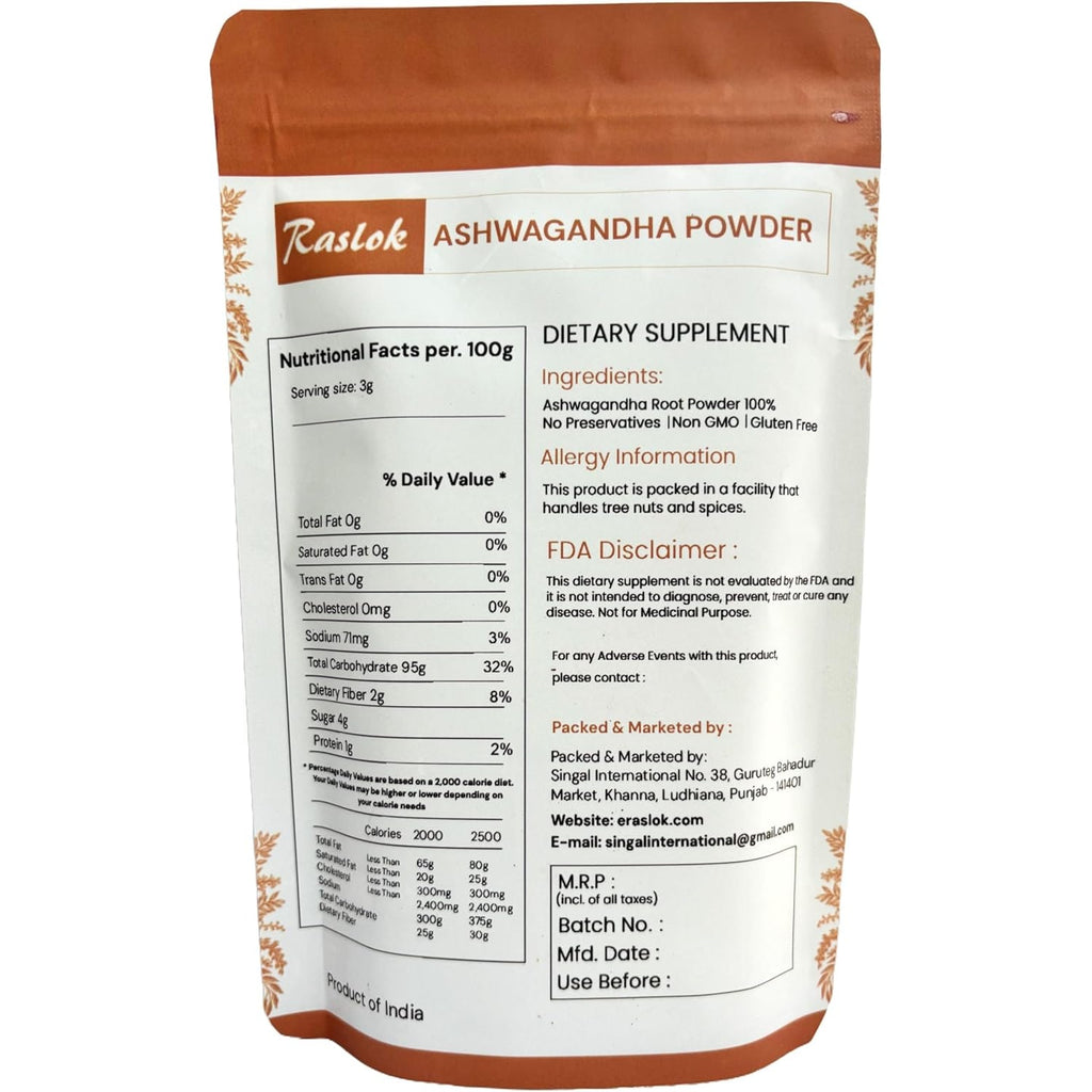 Raslok Ashwagandha Root Powder| Finest Grade a Root Powder - Withania Somnifera | Non-Gmo, Vegan & Raw from India (8 Oz)