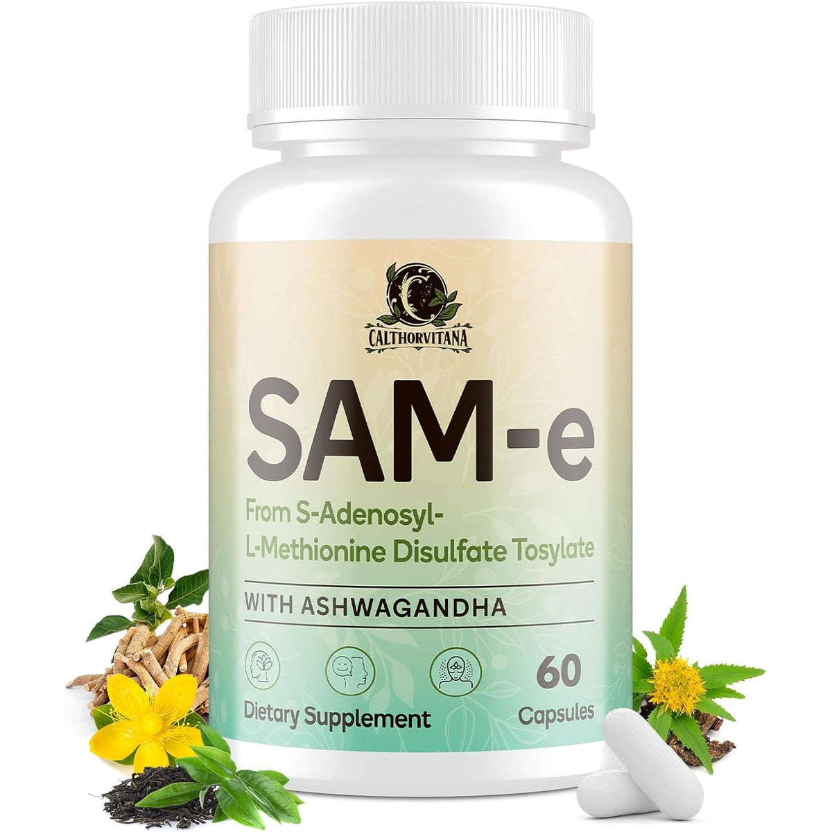 Sam-E Supplement – Capsule Complex with Ashwagandha Extract, L-Theanine, Rhodiola, St. John’S Wort, Omega-3 Fatty Acids, Magnesium, B Vitamins & D3, 60 Capsules