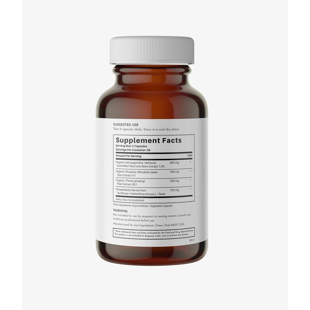 JUST INGREDIENTS Adrenal Support Complex with Ashwagandha, Rhodiola, and Panax Ginseng - Capsules