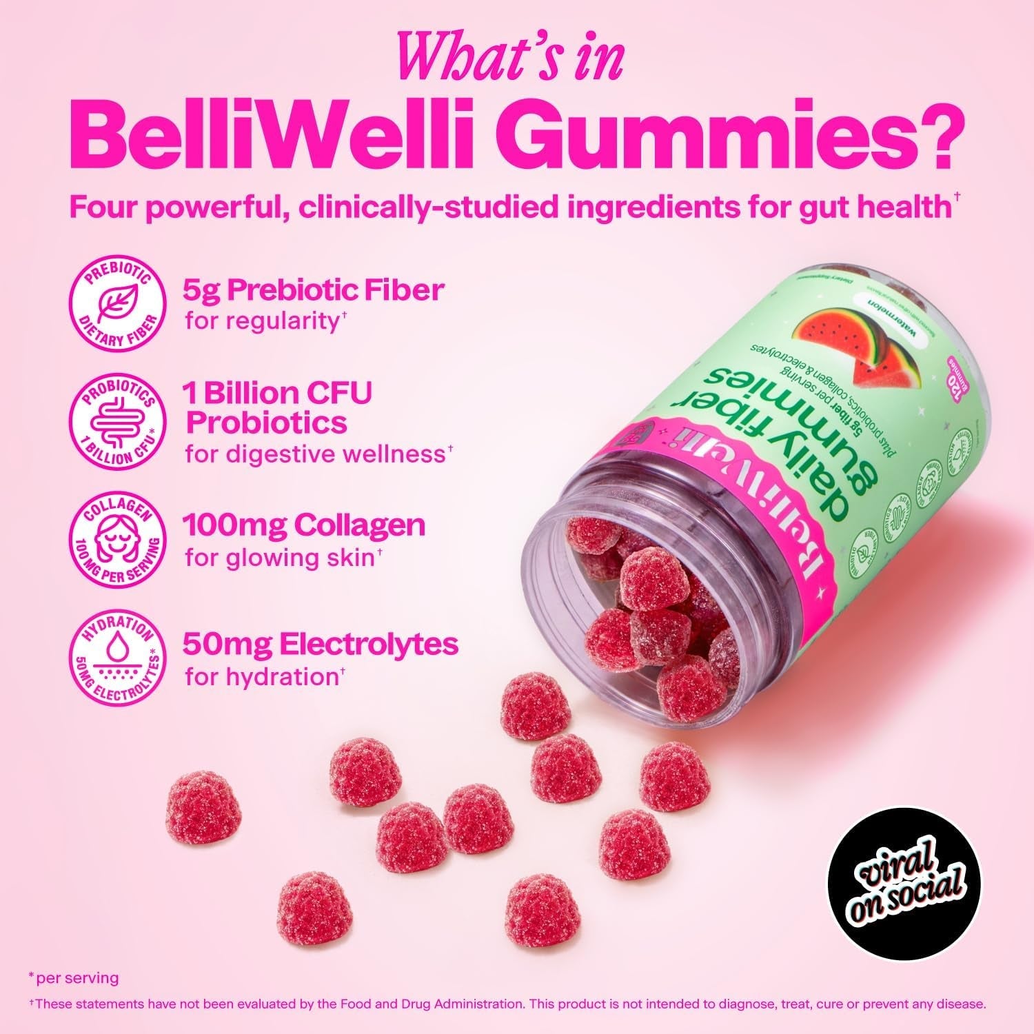 Belli Welli Fiber 4-In-1 Fiber Gummies Supplement with Added Probiotics, Collagen and Electrolytes for Regularity and Bloat Relief, Watermelon, 120 Count