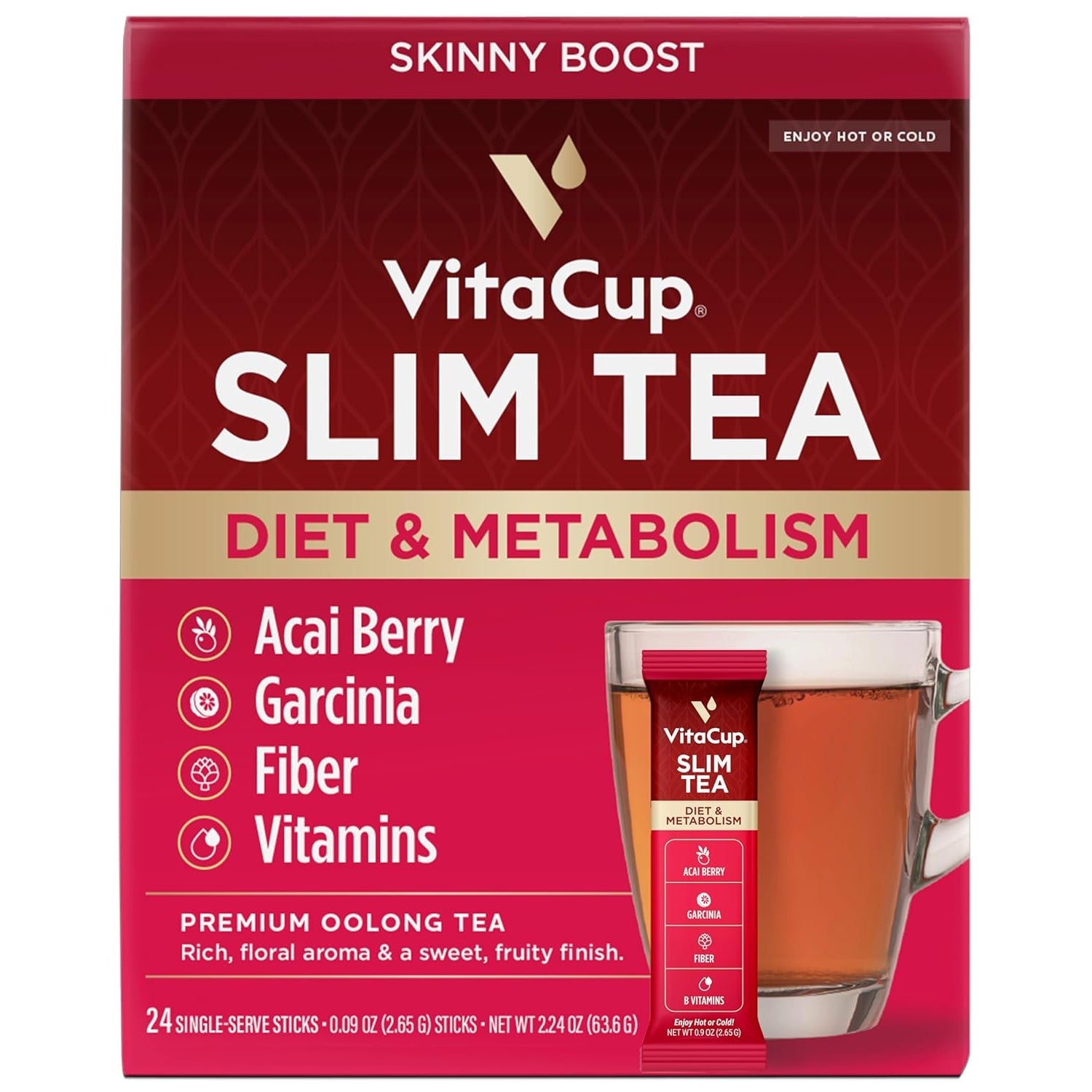 Vitacup Slim Instant Tea Packets for Diet Support, Oolong Tea W/B Vitamins, Garcinia, Inulin & Acai, On-The-Go Instant Sticks, 24 Ct