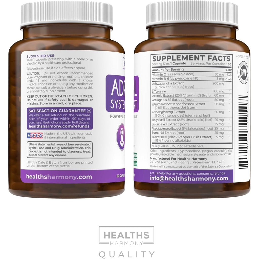 Adrenal System Support & Cortisol Manager (2 Month Supply) Powerful Ashwagandha & L-Tyrosine Fatigue Supplement - Maintain Balanced Cortisol Levels, Health, & Stress Relief - Non-Gmo - 60 Capsules