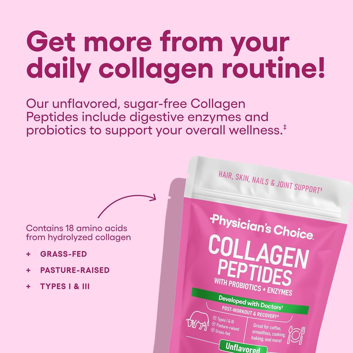 Physician'S CHOICE Collagen Peptides - Hydrolyzed Protein Powder for Hair, Skin, Joints - Grass Fed, Non-Gmo
