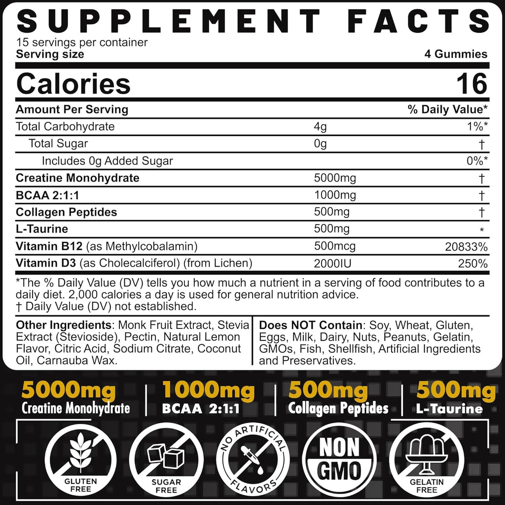 Creatine Monohydrate Gummies for Men & Women - with BCAA, Collagen Peptides, L-Taurine, Vitamin B12, D3, Chewables Creatine Monohydrate 5G per Serving, Natural Lemon Flavor, Sugar Free, 2 Pack