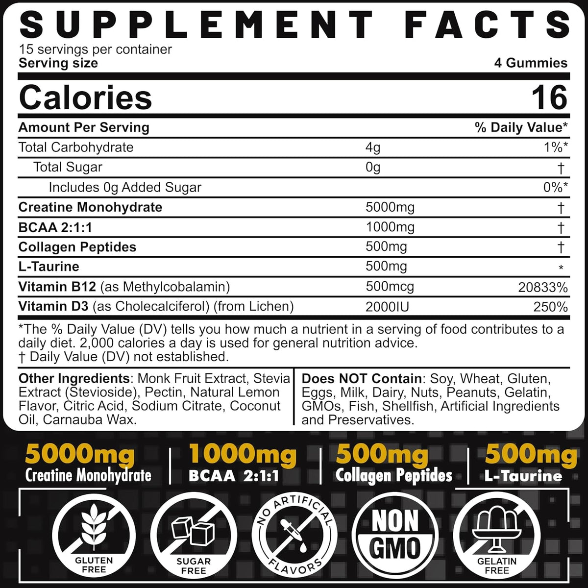 Creatine Monohydrate Gummies for Men & Women - with BCAA, Collagen Peptides, L-Taurine, Vitamin B12, D3, Chewables Creatine Monohydrate 5G per Serving, Natural Lemon Flavor, Sugar Free, 2 Pack