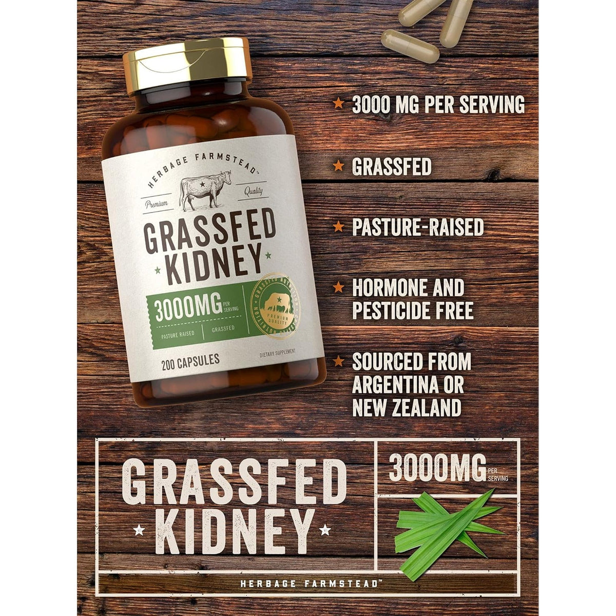 Carlyle Grass Fed Beef Kidney Supplement | 200 Capsules | 3000Mg | Pasture Raised Desiccated Bovine Supplement | Hormone and Pesticide Free | Non-Gmo, Gluten Free | by Herbage Farmstead
