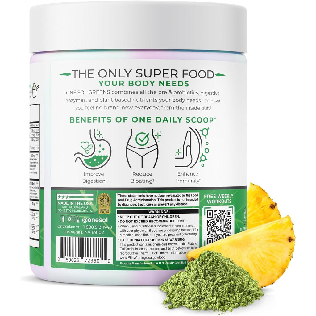 One Sol Greens, Super Greens Powder to Reduce Bloating & Improve Gut Health, Superfood Fresh Bloom Organic Greens Blend Juice & Smoothie Mix, Pre & Probiotic with Digestive Enzymes, Vegan & Soy Free