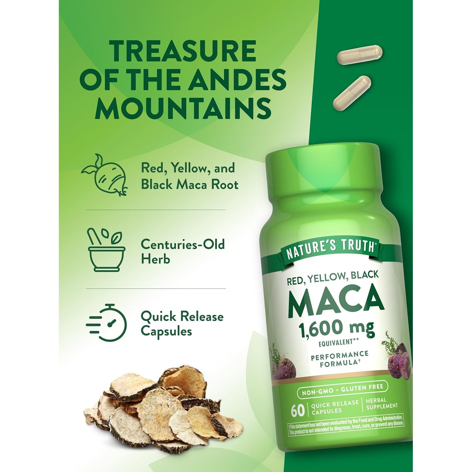 Nature'S Truth Maca Root | 60 Quick Release Capsules | Red, Yellow, and Black | Performance Formula | Non-Gmo & Gluten Free Supplement