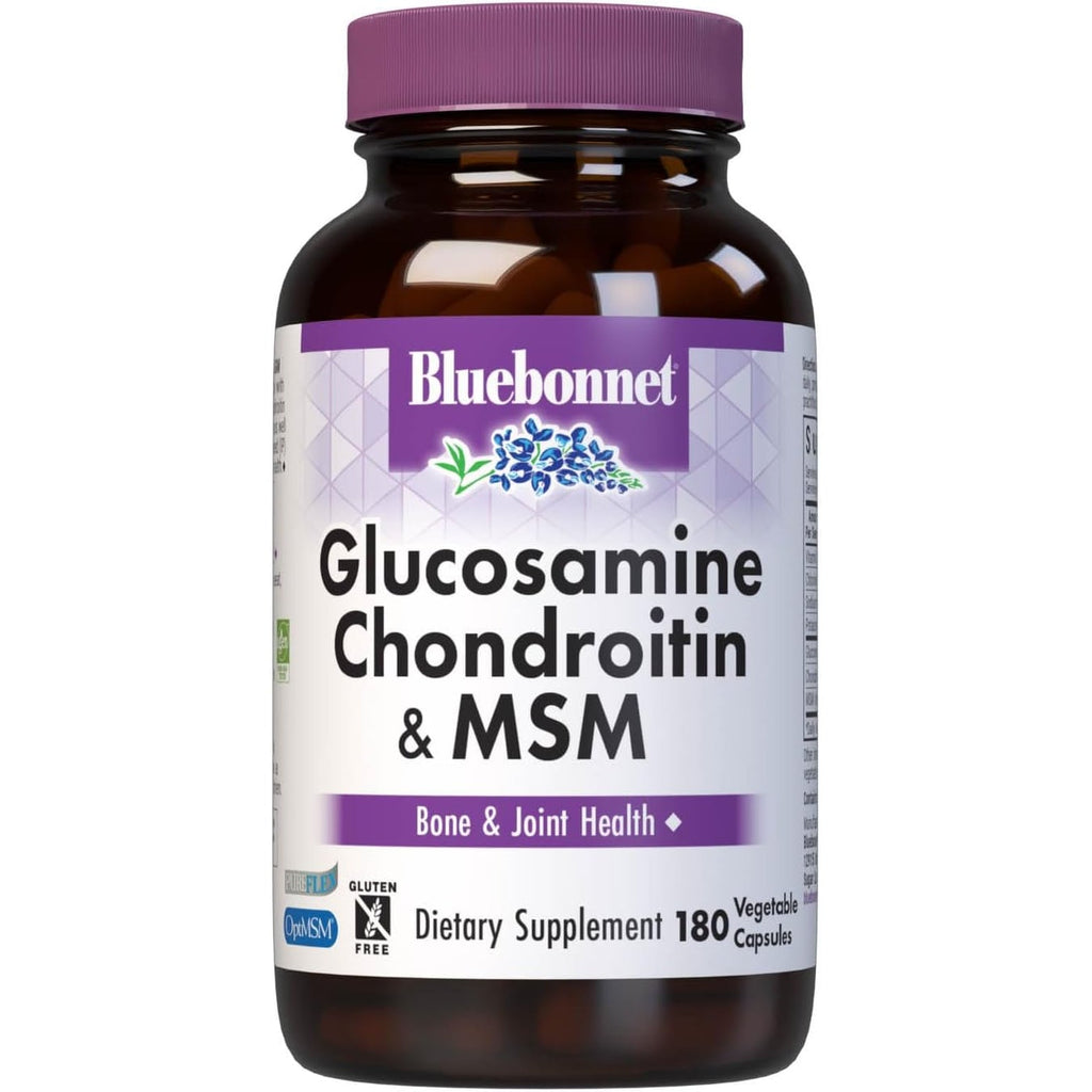 Bluebonnet Nutrition Glucosamine Chondroitin plus MSM, Glucosamine, Chondroitin Sulfate, Vitamin C & Optimsm, Bone & Joint Health, Non GMO, Gluten Free, Soy Free, Milk Free, 180 Vegetable Capsules