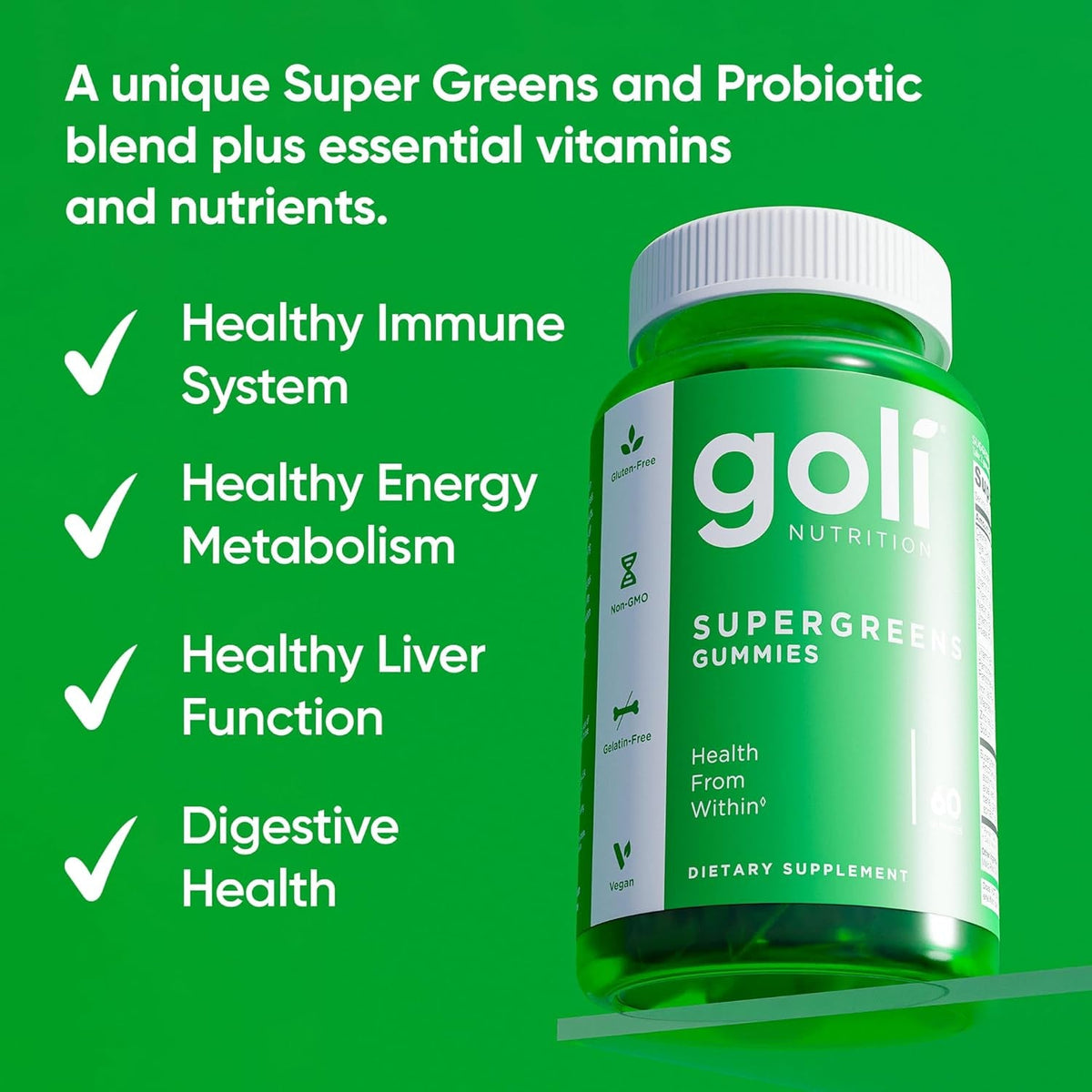 Goli Supergreens Gummies with Probiotics - Artichoke Leaf Extract, Spirulina, Kale, Vitamins A, B6, B12 - Vegan, Gluten-Free, Non-Gmo