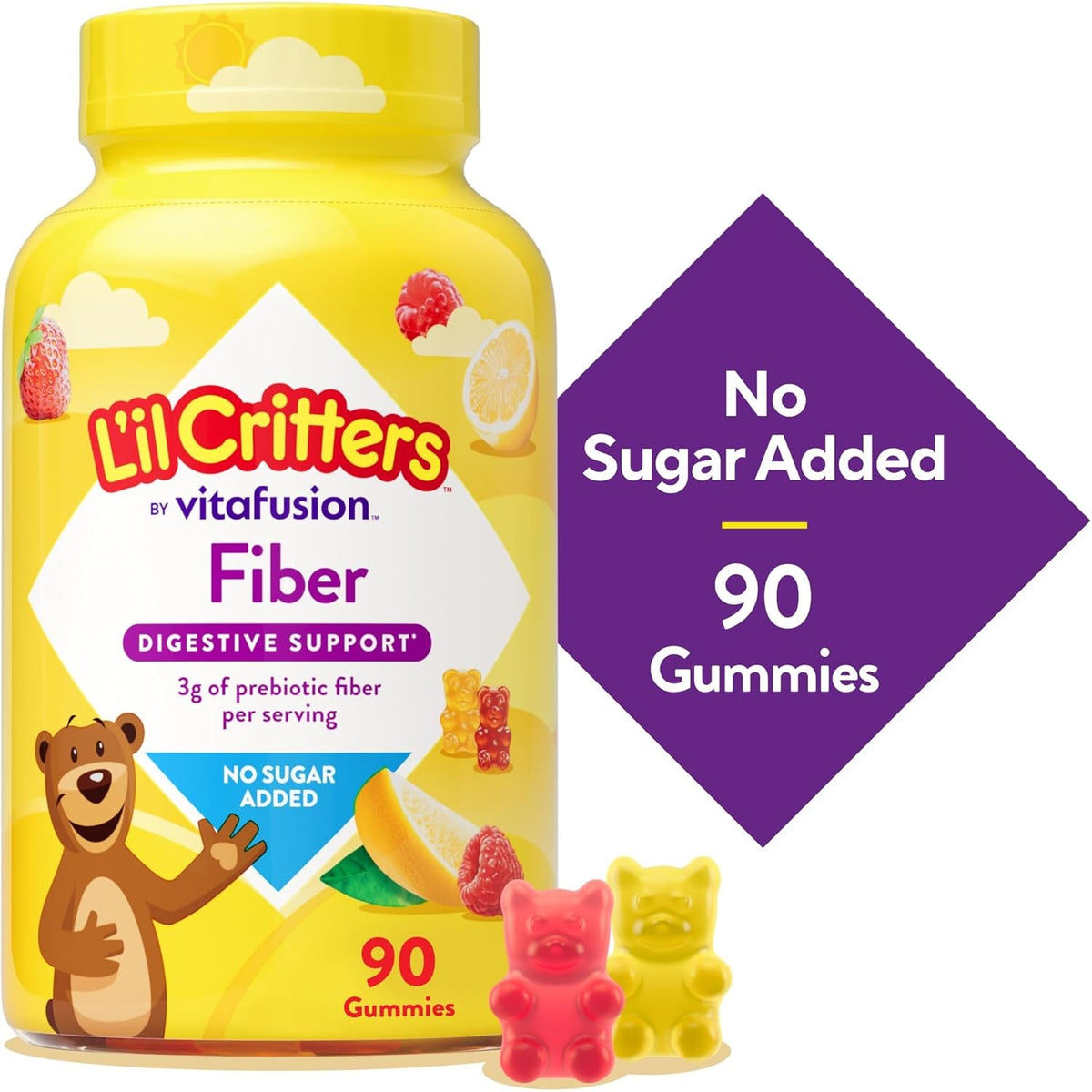 L’Il Critters Fiber Daily Gummy Supplement for Kids, for Digestive Support, Berry and Lemon Flavors, 90 Gummies