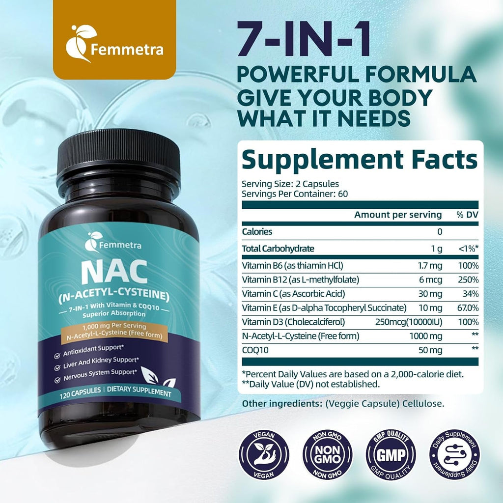 NAC Supplement N-Acetyl Cysteine| NAC 1,000Mg per Serving Capsules for Liver & Kidney Detox, Immune Support & Antioxidants - with Freeform N-Acetyl-L-Cysteine, Vegan, Non-Gmo, 120 Capsules
