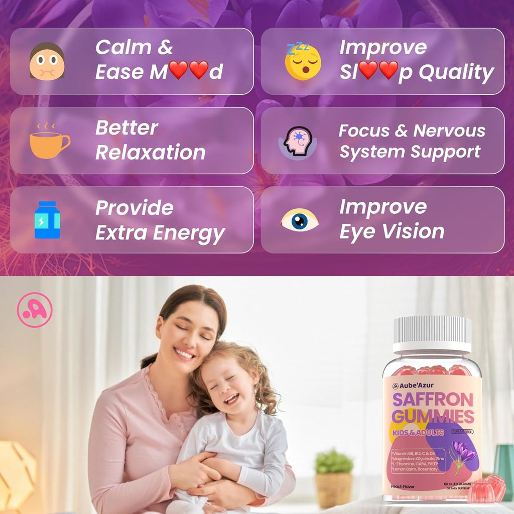 Aube'Azur Saffron Gummies for Kids, 15-In-1 Saffron Supplements for Kids, with B6, B12, C, D3, Magnesium Glycinate, Zinc for Nerve, Rest, Focus, Sugar Free, Vegan, Non- GMO, Peach Flavor, 60 Count