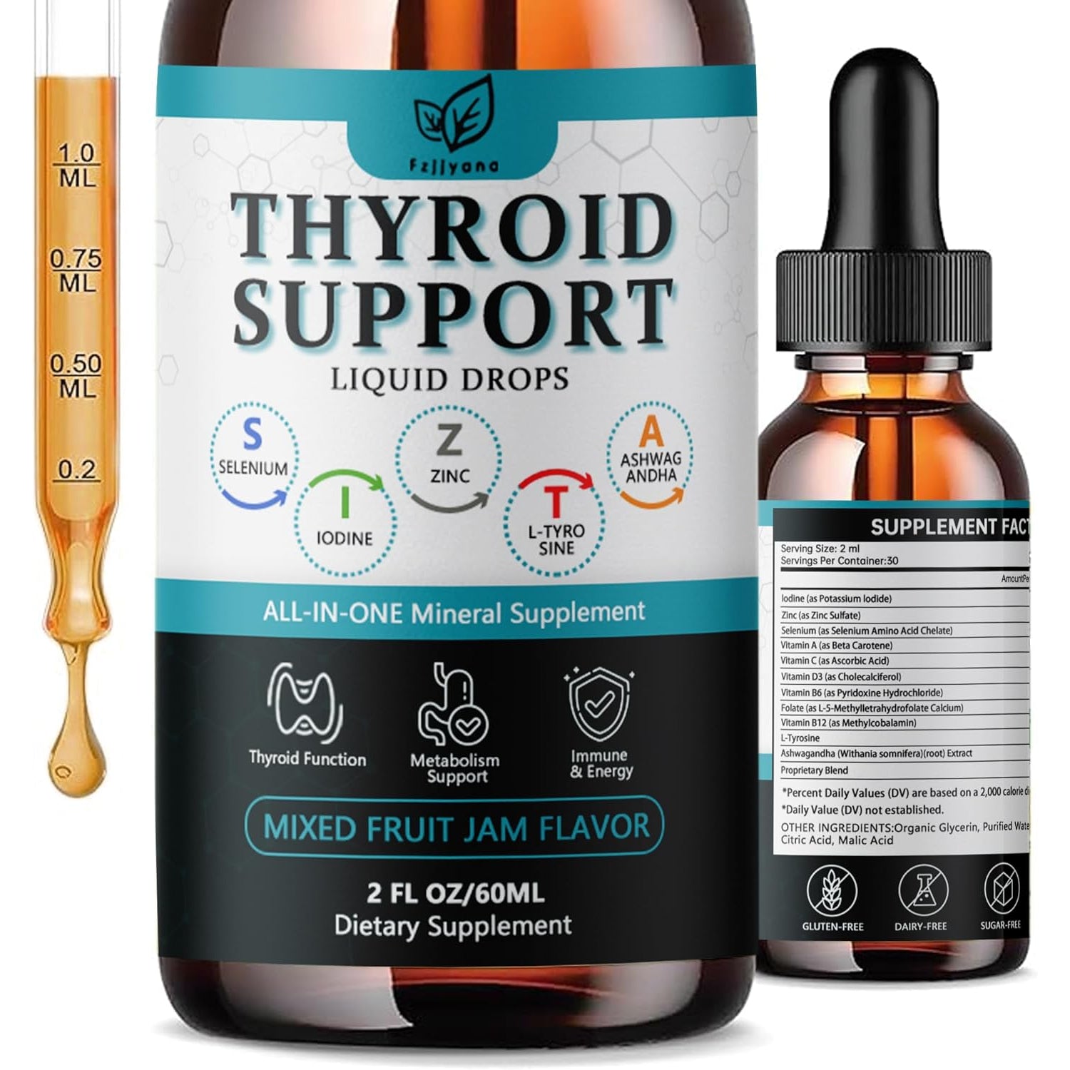 Thyroid Support for Women & Men Liquid Drops.Thyroid Supplement Drops with Selenium Zinc Iodine L-Tyrosine Ashwagandha for Energy & Metabolism Support, Hormone Balance,Vegan，Additives Free - 2 Fl. Oz