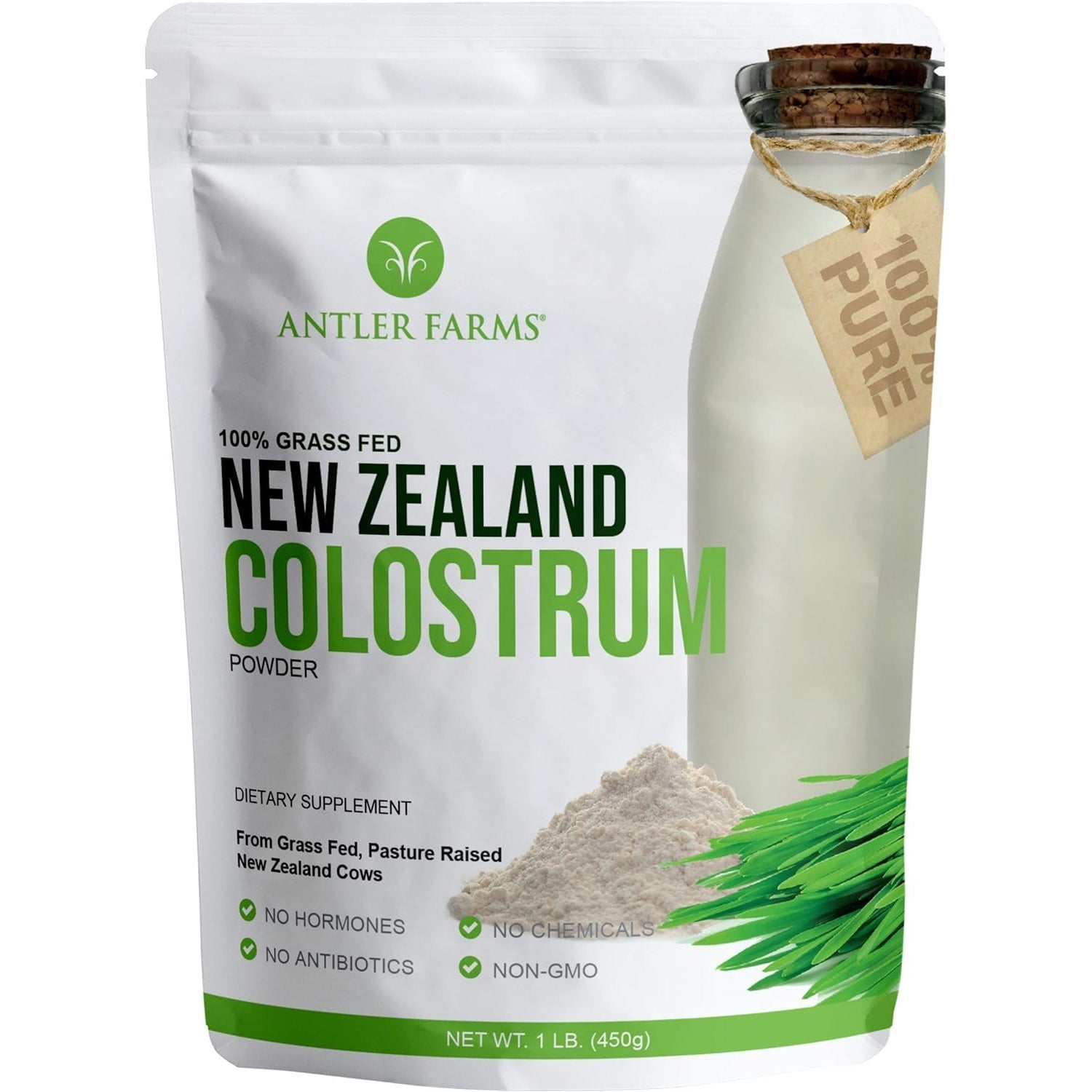 Antler Farms 100% Pure New Zealand Colostrum, 30 Servings, 1 Lb - Grass Fed, Pasture Raised, Clean Sourced, Cold Processed, Undiluted, High Igg Content