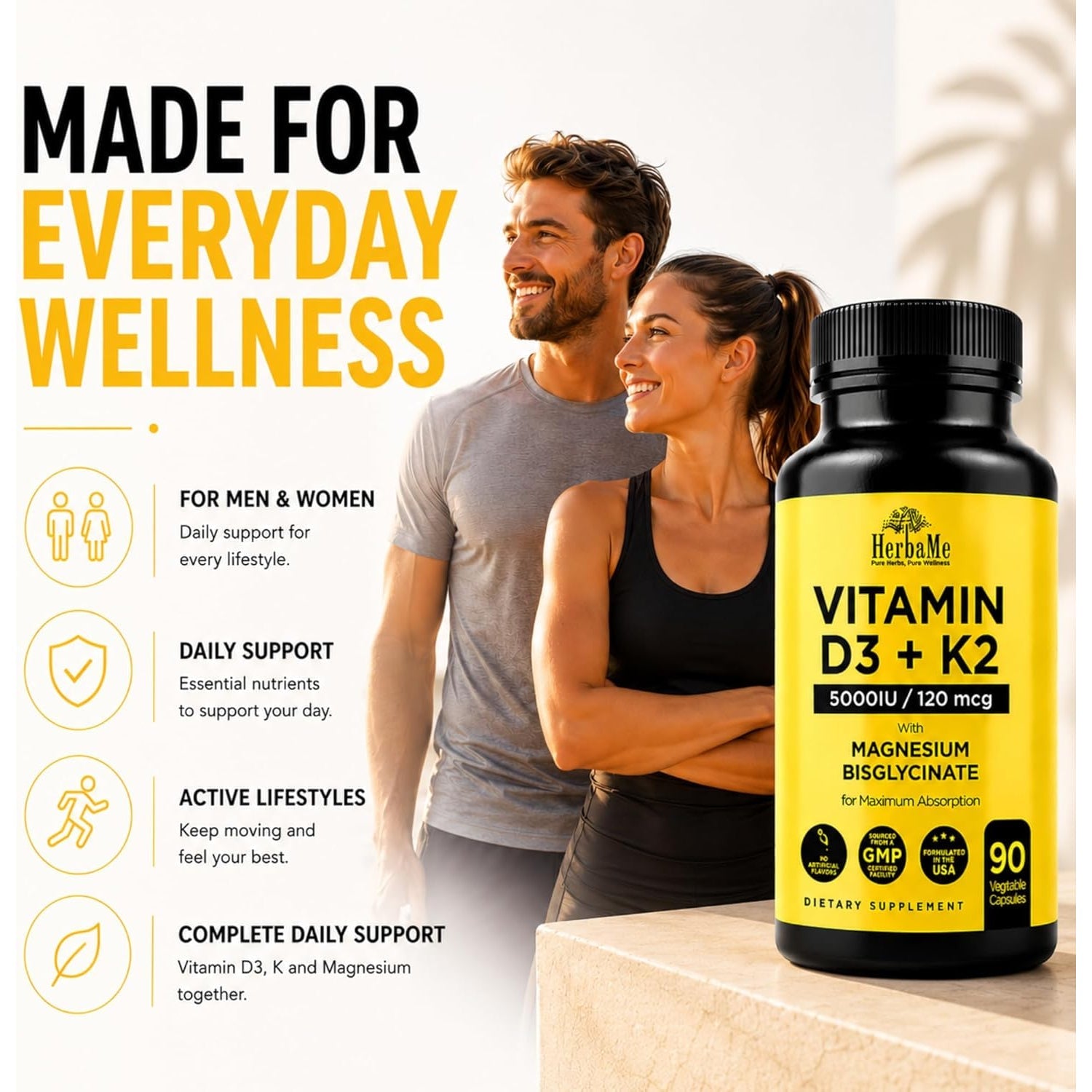 Herbame Vitamin D3 5000 IU + K2 with Magnesium Bisglycinate | Complete D3 Activation & Absorption Support Formula | Bone, Muscle & Immune Wellness | 90 Capsules