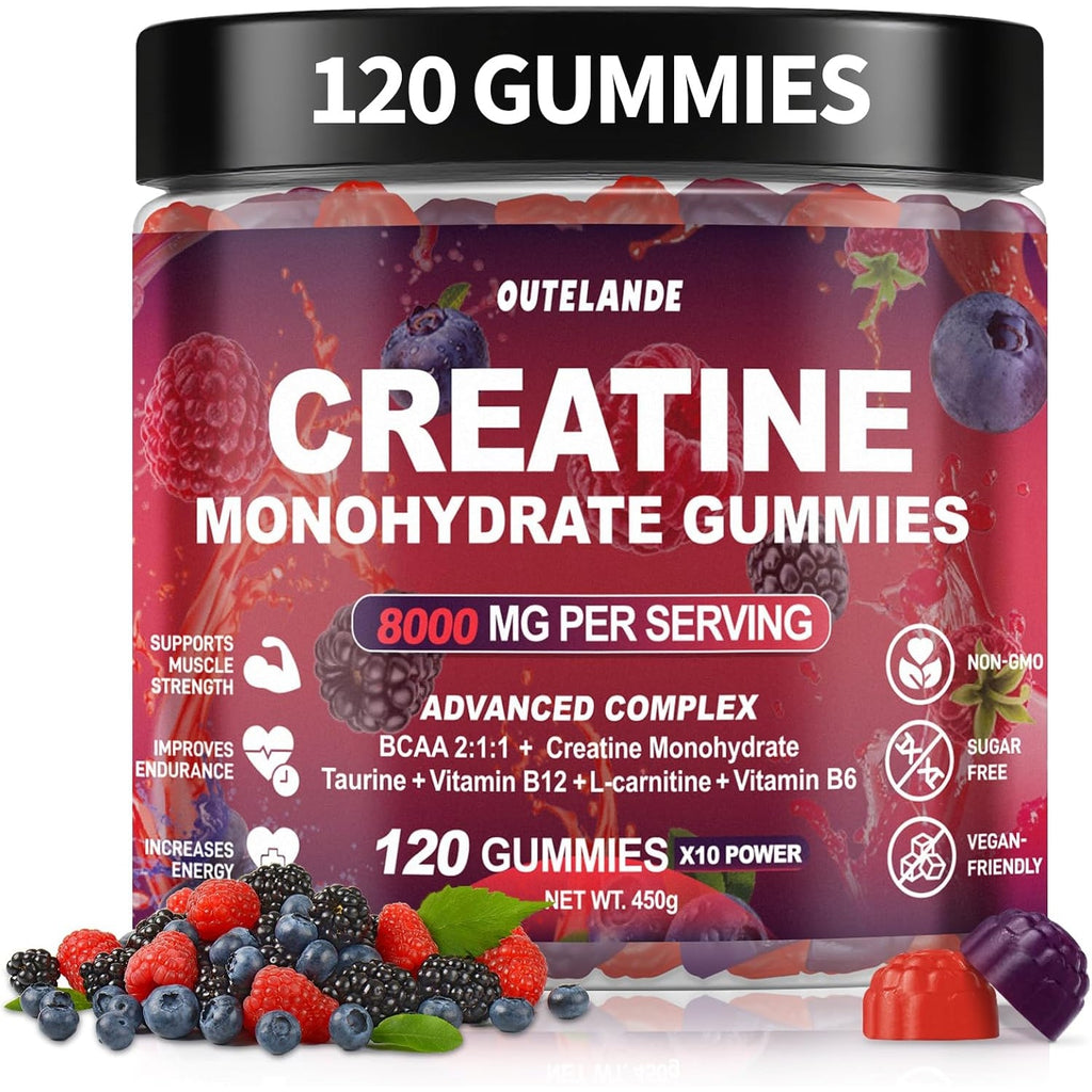 Creatine Monohydrate Gummies for Men & Women, Creatine Supplement for Enhanced Muscle Growth, Energy Boost - with L-Taurine, Sugar Free, Vegan, Raspberry Blackberry Blueberry Flavor-120 Count