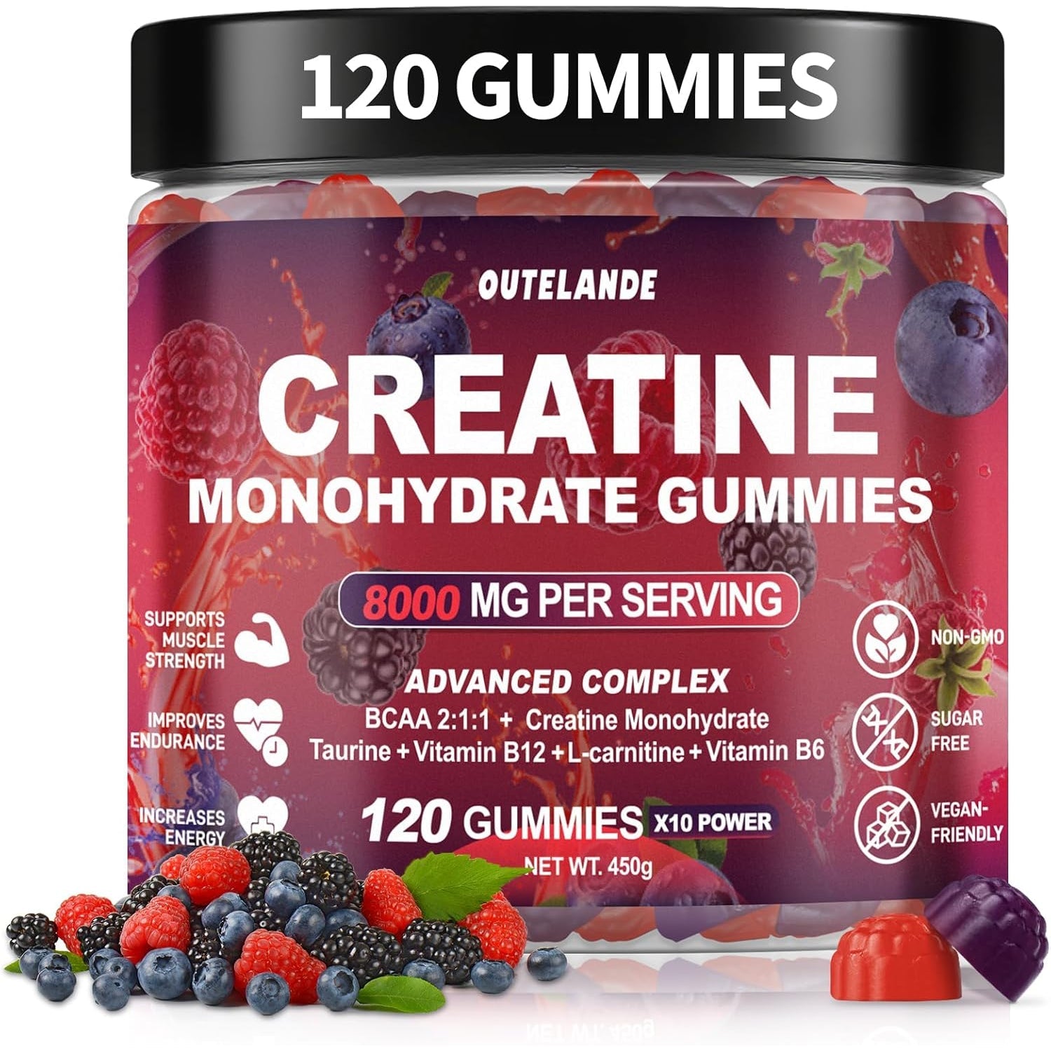 Creatine Monohydrate Gummies for Men & Women, Creatine Supplement for Enhanced Muscle Growth, Energy Boost - with L-Taurine, Sugar Free, Vegan, Raspberry Blackberry Blueberry Flavor-120 Count